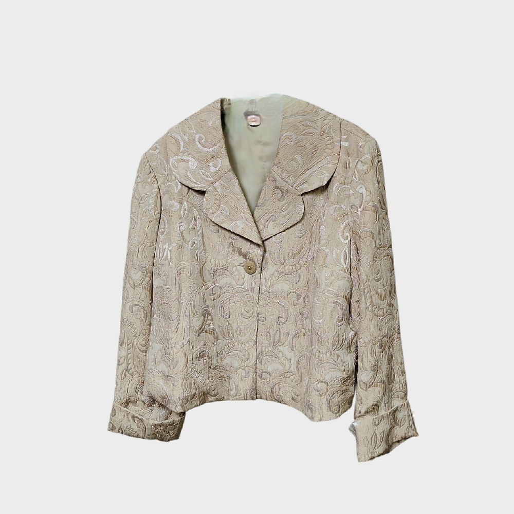 Laura Ashley Brocade Platinum  Gold Fleck 3/4 Sleeves Front Button Jacket Sz Med